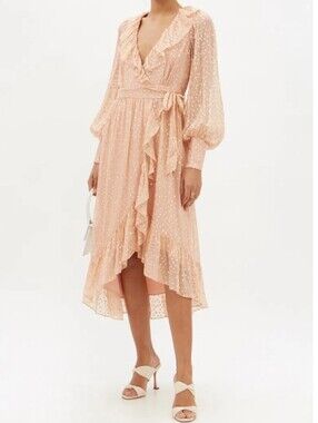 Zimmermann Silk Metallic Fil Coupe Ruffle Dot Midi Wrap Dress Georgette S / 1